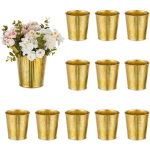 NUPTIO Gold Galvanized Vases for Centerpiece: 12 Pcs 5" Small Ribbed Vases for Flowers Bulk Metal Bucket Planter Pots for Wedding Table Home Decor