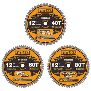 12 Inch Miter Saw Blade, 1" Arbor, 40T for General Purpose&60T for Fine Finish&80T for Ultra Fine Finish Wood Cutting, 3-Pack