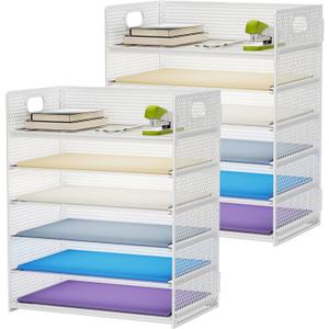 Marbrasse 2 Pack Desk Organizer with Handle, 6 Tier Paper Letter Tray, Mesh Desk File Organizer for Office, School and Home - Whtie