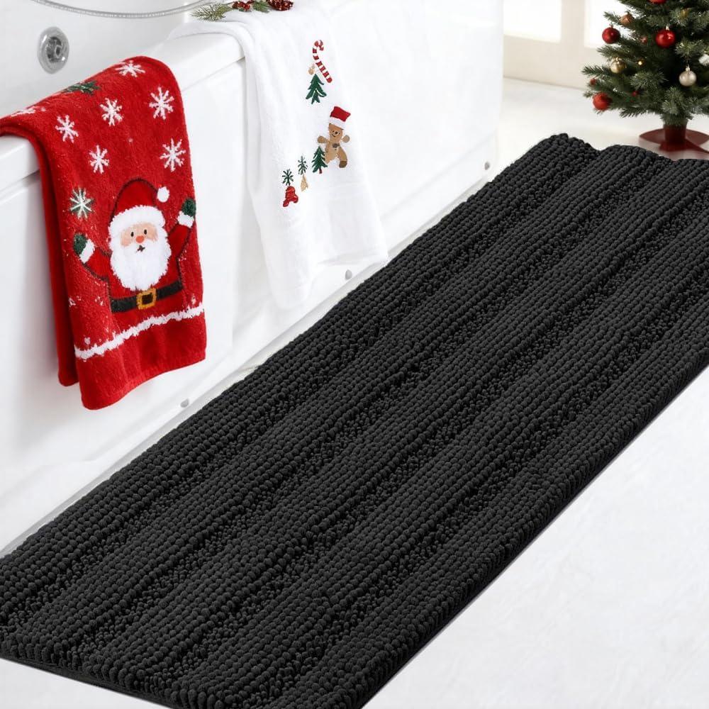 Turquoize Non Slip Black Bathroom Rug Extra Long Chenille Bath Rug 47x17 Super Water Absorbent & Soft Washable Shaggy Bath Rug for Bathroom, Black