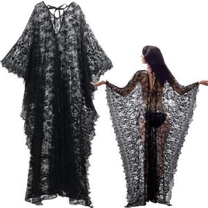 Mepase Boho Witch Lace Kimono Kaftan Dress Robe Bikini Swimsuit Beach Cover up for Women Maternity Halloween Vampire Costume (Black)