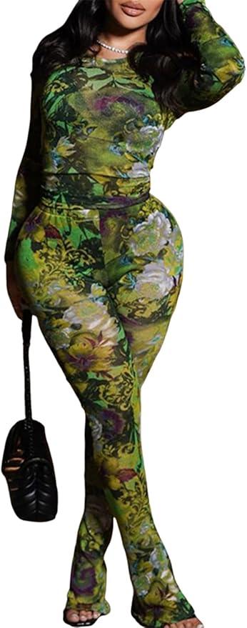 Uni Clau Women’s Sexy 2 Piece Set Floral Print See Through Mesh Long Sleeve Crew Neck Tops and Long Pants Sets Matching Set L