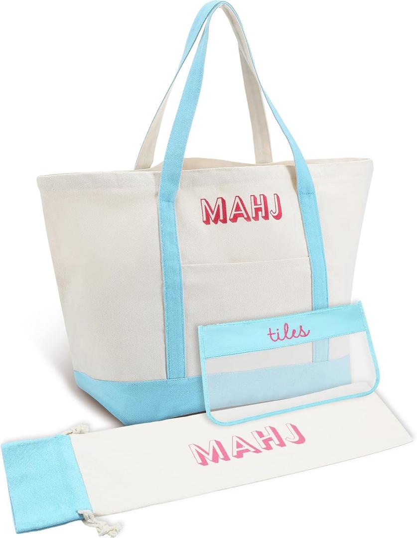 3 Pcs Empty Mahjong Canvas Bag Gift Embroidered American Mahjong Set Incl Tiles Bag and Racks & Pushers Drawstring Bags(Blue)