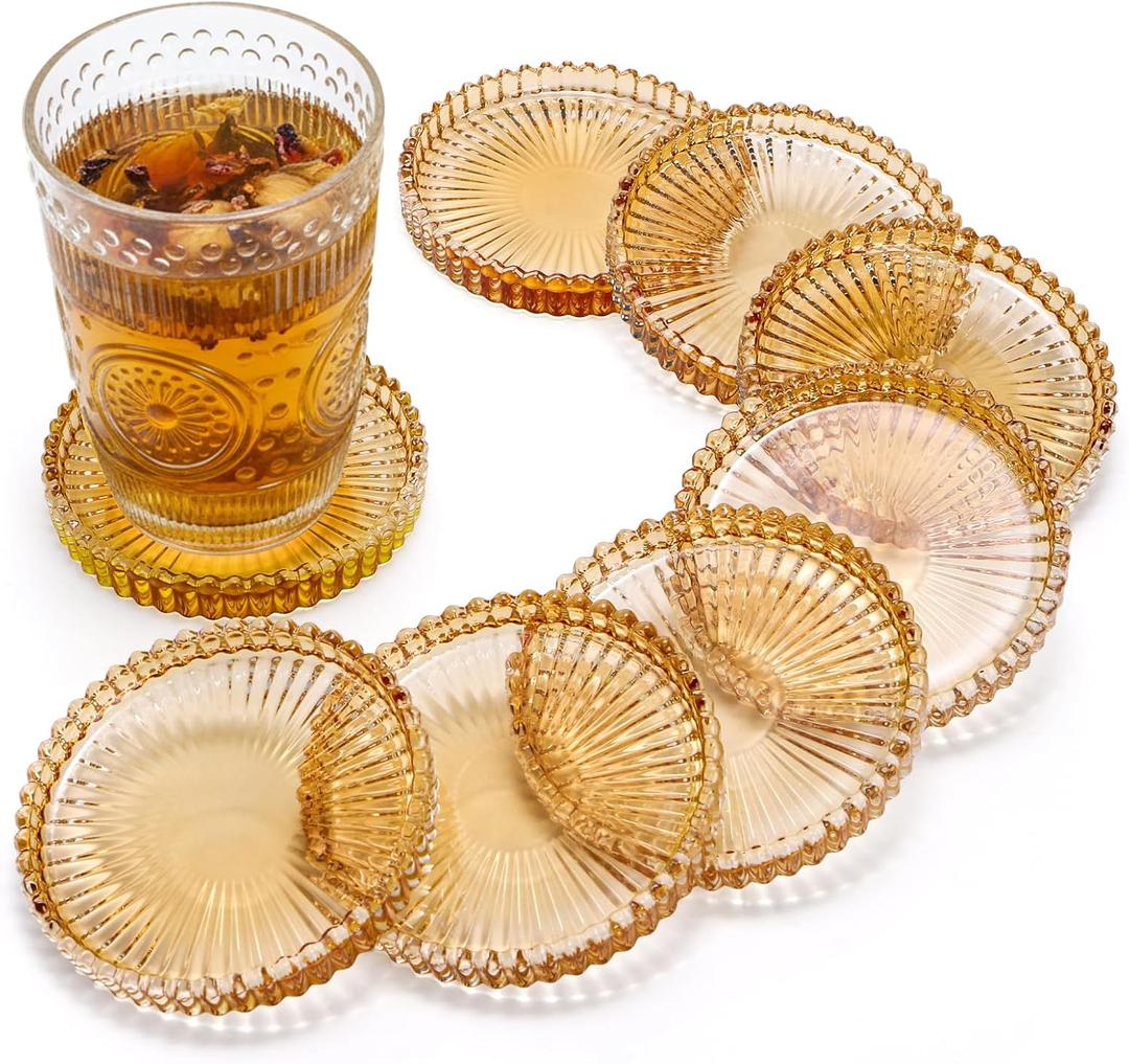 Elsjoy 8 Pack 4 Inch Glass Coasters for Drinks, Amber Tone Modern Clear Coaster Set, Round Crystal Glass Pillar Candle Holder Plates for Table Centerpieces, Home Decor