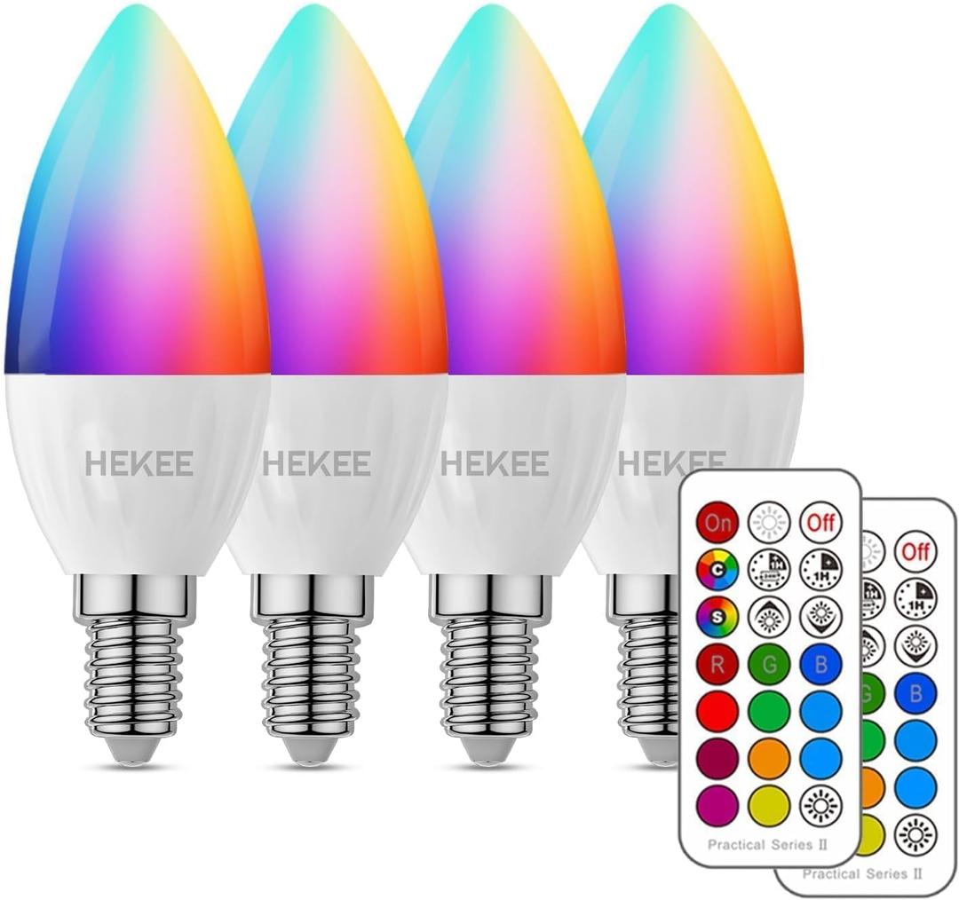 HEKEE E12 LED Candelabra Light Bulbs, Color Changing Candle, C37 B11 40W Incandescent Equivalent, 450 Lumen, RGB + 2700K Warm White, 5Watt, 12 Colors, 2 Modes, Timer, Remote Control(4 Pack)
