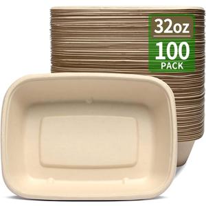 bloomoon 100 Pack 32 oz Large Paper Bowls, Chipo-tle Style Disposable Bowls for Burrito, Nacho, Taco Salad, Baked Potato, Nacho Bar Supplies for Party, 100 BOWLS ONLY (32 fl oz Rectangle (8.46 x 6.14 x 1.92 inch))