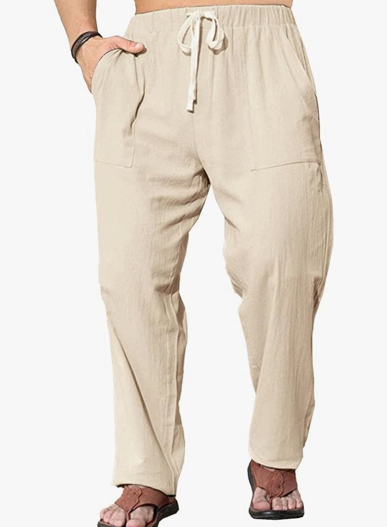 Men's Elastic Waist Linen Trousers Drawstring Male Casual Linen Pants Straight-Legs Man Beach Pant, XL Size