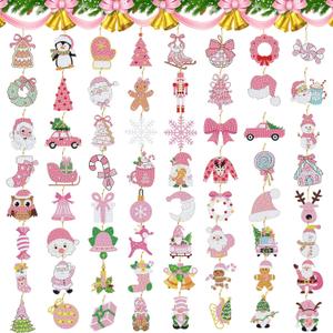 Hungdao 64 Pcs Christmas Diamond Art Ornaments Kits Xmas Diamond Art Kits for Adults Santa Claus Snowman Xmas Tree 5D Winter Hanging DIY Painting Keychains Gifts Crafts Family Home Decor(Classic Pink)