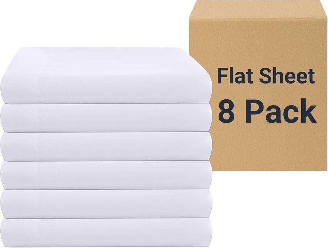 ZPECC White Bulk Flat Sheets Only Twin Size 8 Pack, Easy Sort Top Bed Sheet by Color-Coded Hem Threads, Soft Durable Brushed Microfiber Fabric Hotel Airb&bs Essentials for Hosts, 66"x96"