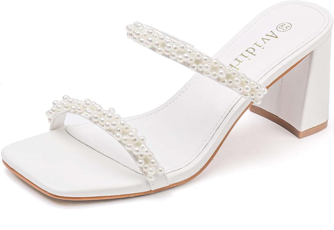 Women's Square Open Toe Heeled Sandals Two Strap Mules Slip On Block Chunky Mid Heels Sandals (8.5, Pearl White)