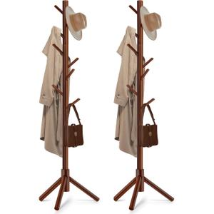 2PCS Solid Wooden Coat Rack Freestanding, New Zealand Pine Coat Tree with 8 Hooks & 3 Adjustable Sizes for Coats, Hats, Handbags and Scarves, Space Saving for Entryway/Office/Bedroom (Brown)