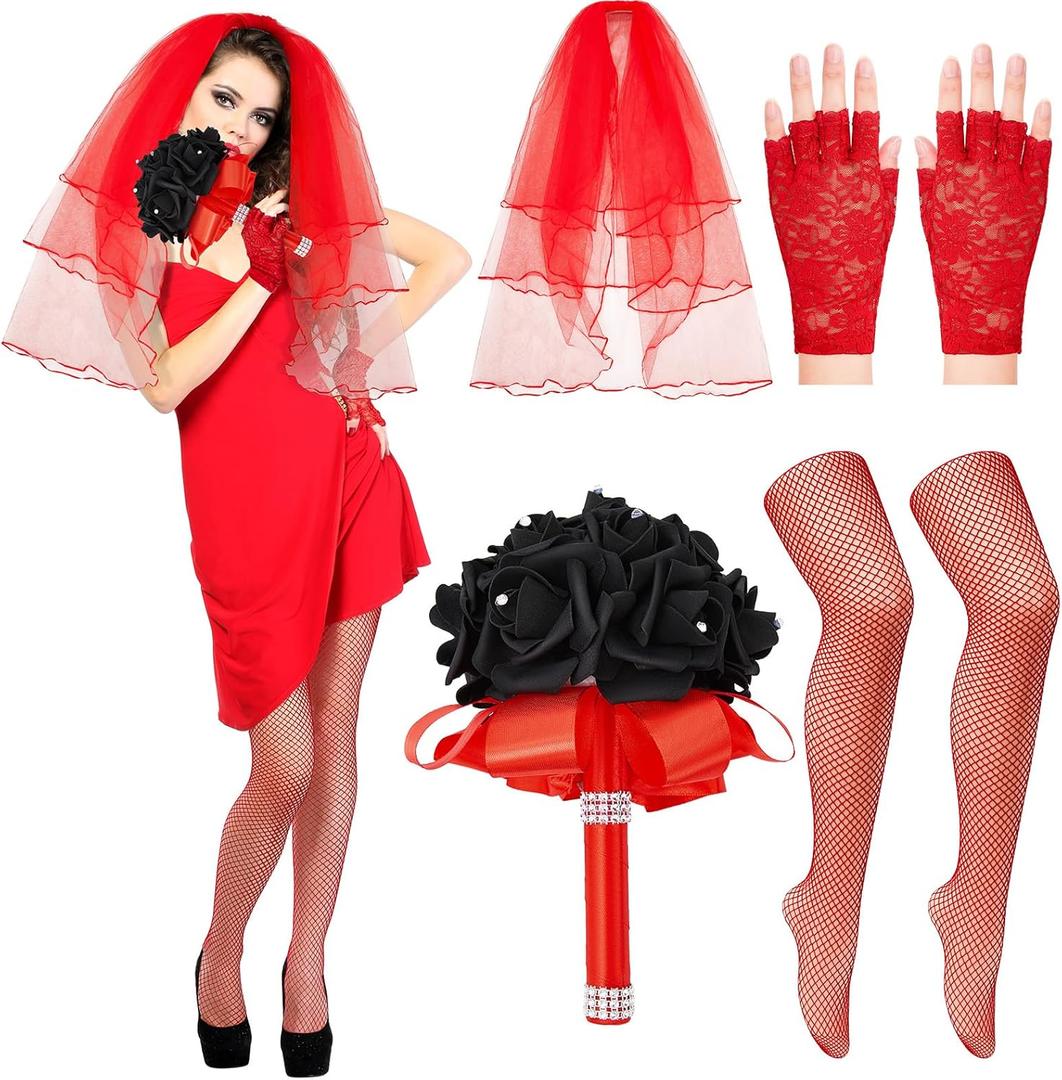 Ramede 6 Pcs Red Veil Women's Gothic Halloween Bride Costume Red Lace Fingerless Gloves Black Roses Bouquet Fishnet Tights