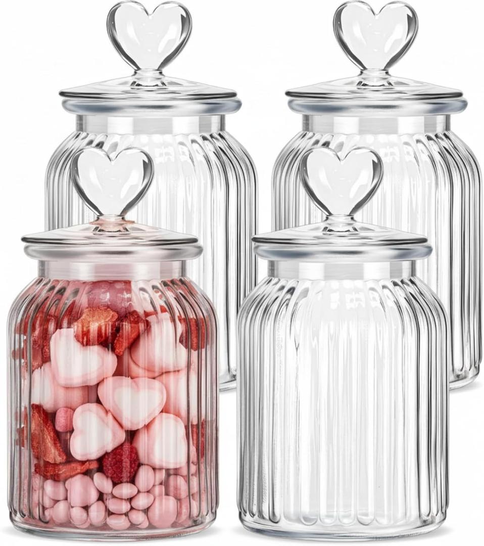 Potchen 4 Sets 32oz Cookie Jars Glass Candy Jar with Heart Lids Decorative Heart Containers Food Storage Canister with Airtight Lid for Valentines Party Table Decoration(Clear Lid)