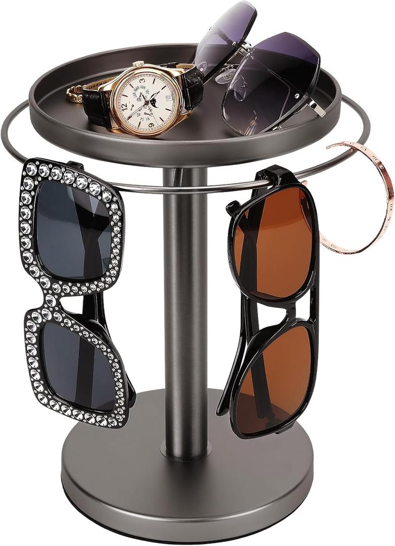 kondyfayo 360 Rotating Sunglass Organizer Storage, Stainless Steel Glasses Holder Stand, Glasses Organizer with Tray for Desk, Dresser, Tabletop, Nightstand and Home Decor(Titanium Black)