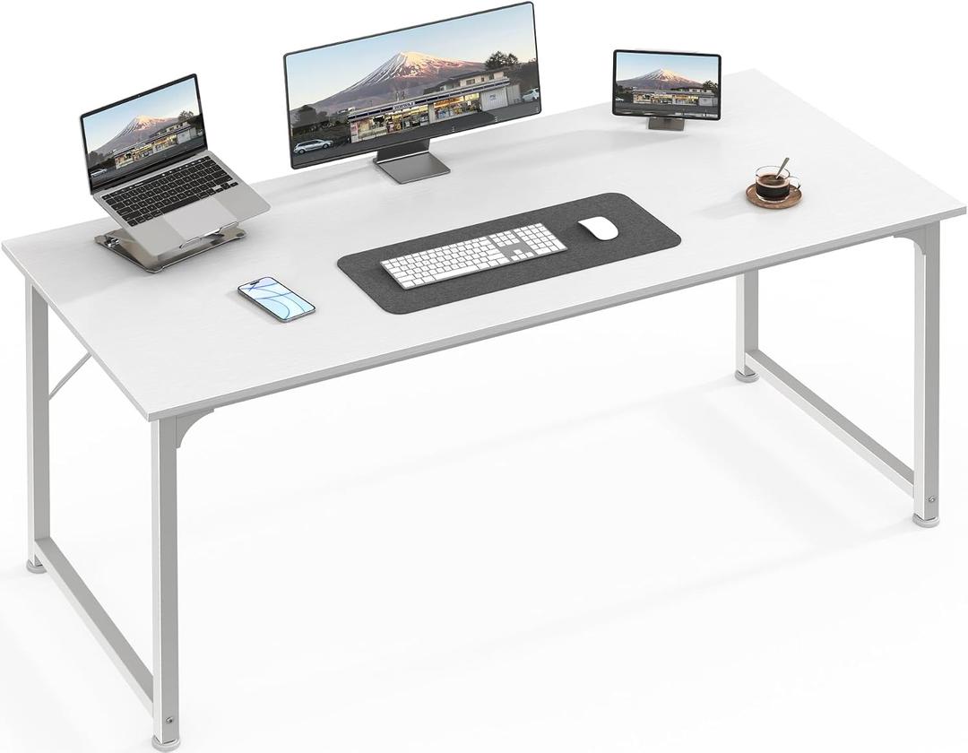 Huuger Computer Desk, 55 Inch Home Office Desk, Gaming Writing Work from Home Study Desk, Large Legroom, Sturdy Metal Frame, Modern Simple, White, 54inch