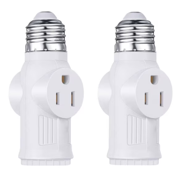 2 Packs E26/E27 3 Prong Light Socket to Plug Adapter,Polarized Light Socket Outlet for 2/3Prong Convert,Screw in Outlet Plug Splitter for Garage,Porch,PBT