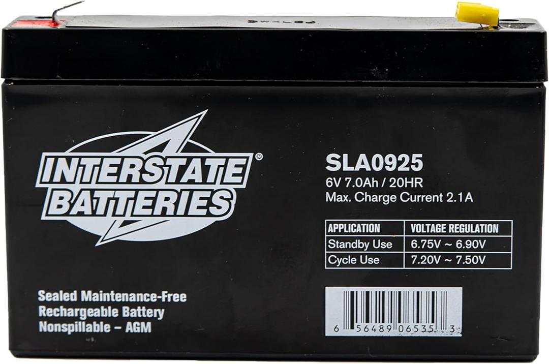 Interstate Batteries 6V 7Ah Battery (F1 Terminal) SLA AGM VRLA Rechargeable Replacement for Electric Fences, UPS Backup Systems, Solar, Medical Devices (SLA0925)