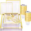WELLIFE 150 Pieces Gold Plastic Square Plates, Clear Square Plastic Plates with Gold Trim, Includes: 25 Dinner Plates10.25, 25 Dessert Plates7.5, 25 Cups 9 OZ, 25 Cutlery