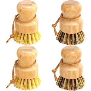 Bamboo Dish Brush Set, 4 Pcs Palm Wooden Dish Scrubber Brush, Dish Brushes, Durable Wood Dishes Scrub Brush, Natural Round Vegetable Cleaning Pots Pans Sink Washing Kitchen Brush by Aisuly