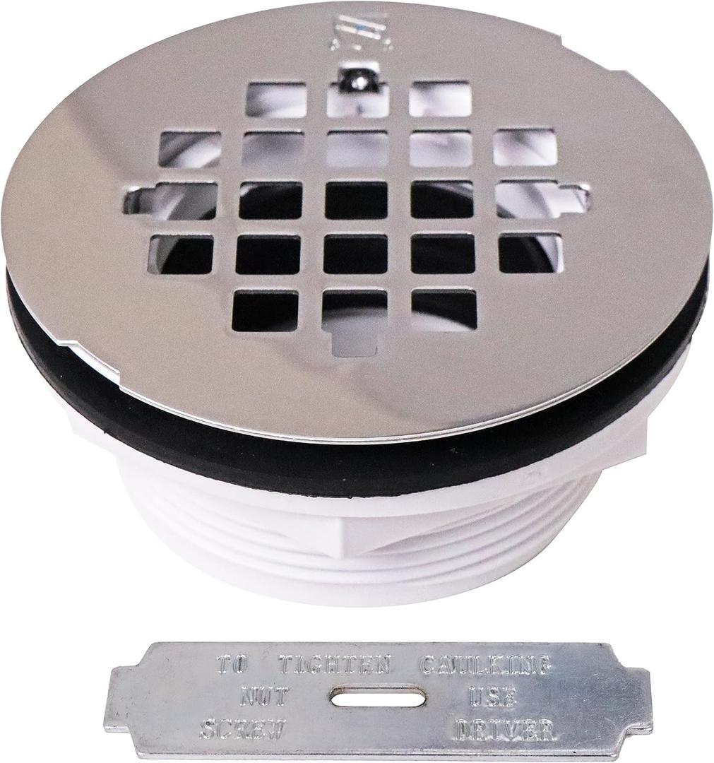 Westbrass D206P-26 2" No-Caulk PVC Compression Shower Drain with 4-1/4" Round Grid Cover, Polished Chrome
