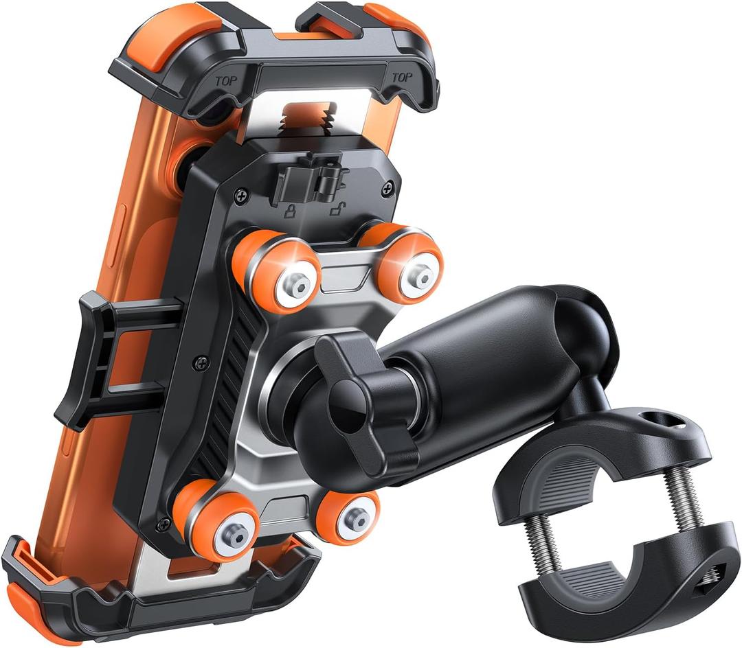 JOYROOM Motorcycle Phone Mount Holder - [Dual Vibration Dampener] 150mph Anti-Shock Phone Holder for Motorcycle [Metal Adjustment Arm] Bicycle Bike Phone Holder Mount for 4.7-7" Cell Phones, Orange