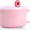 WHJY 30oz Ceramic Bowl with Lid and Handle for Soup and Instant Noodles Mug, Modern Simple Style, with Heat Preservation Handle - Pink