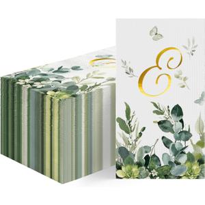 Horaldaily 100 Spring Disposable Paper Decorative Guest Napkins, Watercolor Eucalyptus Monogram Gold Foil Letter E for Party Bathroom Wedding Birthday Baby Shower