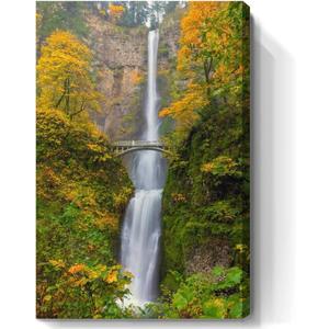Multnomah Falls in River Gorge Oregon during fall season Wall Art Landscape Poster Picture Decor Canvas Framed Painting Large Size Artwork for Living Room Home Hanging  2 x 3 Ft