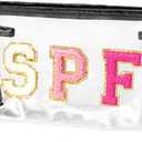 Preppy SPF Cosmetic Bag - SPF Chenille Varsity Letter Clear Toiletry Bag Summer Aesthetic Waterproof Portable Makeup Bag Transparent PVC Zipper Clutch Purse Beach Bag for Women (Black)