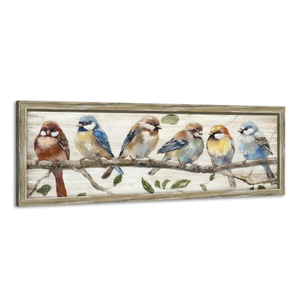 Colorful Bird Framed Wall Art: Cute Chickadee Wooden Painting Vintage Sparrow Picture Bluebird on Branch Prints Countryside Artwork Rustic Decor for Living Room Bedroom Farmhouse, 24"L x 8"W