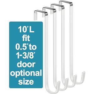 Mars-Rock Over The Door Metal Hooks with Plastic Coating 10" Fit 0.5" to 1 3/8" Door 4 Pcs Heavy Duty Single Towel Robe Rack Wreath Bathroom Shower Hanger Shoe Organizer Ironing Board Long White
