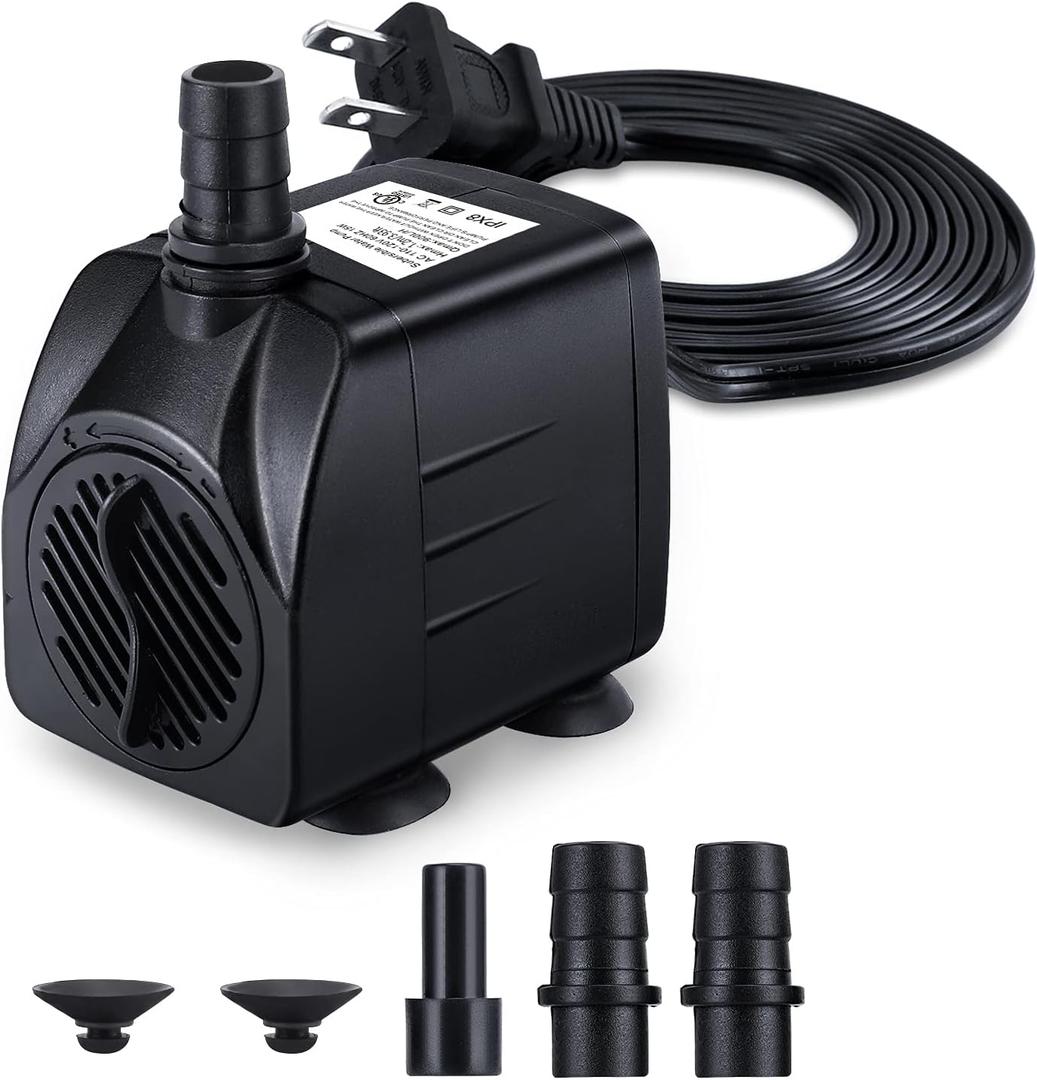 CWKJ Fountain Pump, 160GPH(10W 600L/H) Submersible Water Pump, Durable Outdoor Fountain Water Pump with 7.2ft2.2mPower Cord, 3 Nozzles for Aquarium, Pond, Fish Tank, Water Fountain Pump