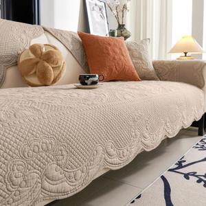 vctops Boho Cotton Quilted Couch Cover Soft Embroidered Sofa Cover Non-Slip Dog Bed Cover Scalloped Sofa Slipcover Washable Furniture Protector Cover (Khaki,36"x47")