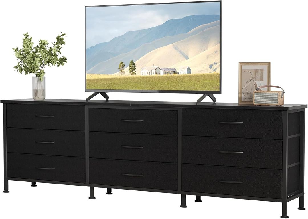 DUMOS TV Stands for Living Room Furniture with 9 Fabric Drawers, Long Entertainment Center Up to 75 Inch TV, Media Console Table with Storage for Bedroom, Adjustable Feet, Black (62.7"*13.6"*26.5")