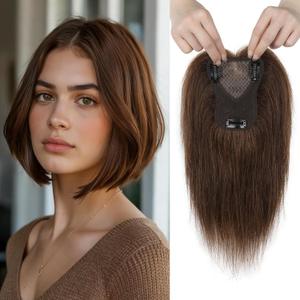 REECHO 10" Real Human Hair Topper for Women with Thinning Hair, Clip-in Crown Hairpiece for Instant Volume and Gray Root Coverage Real Hair Toppers Wiglett, Swiss Base, Chocolate Brown