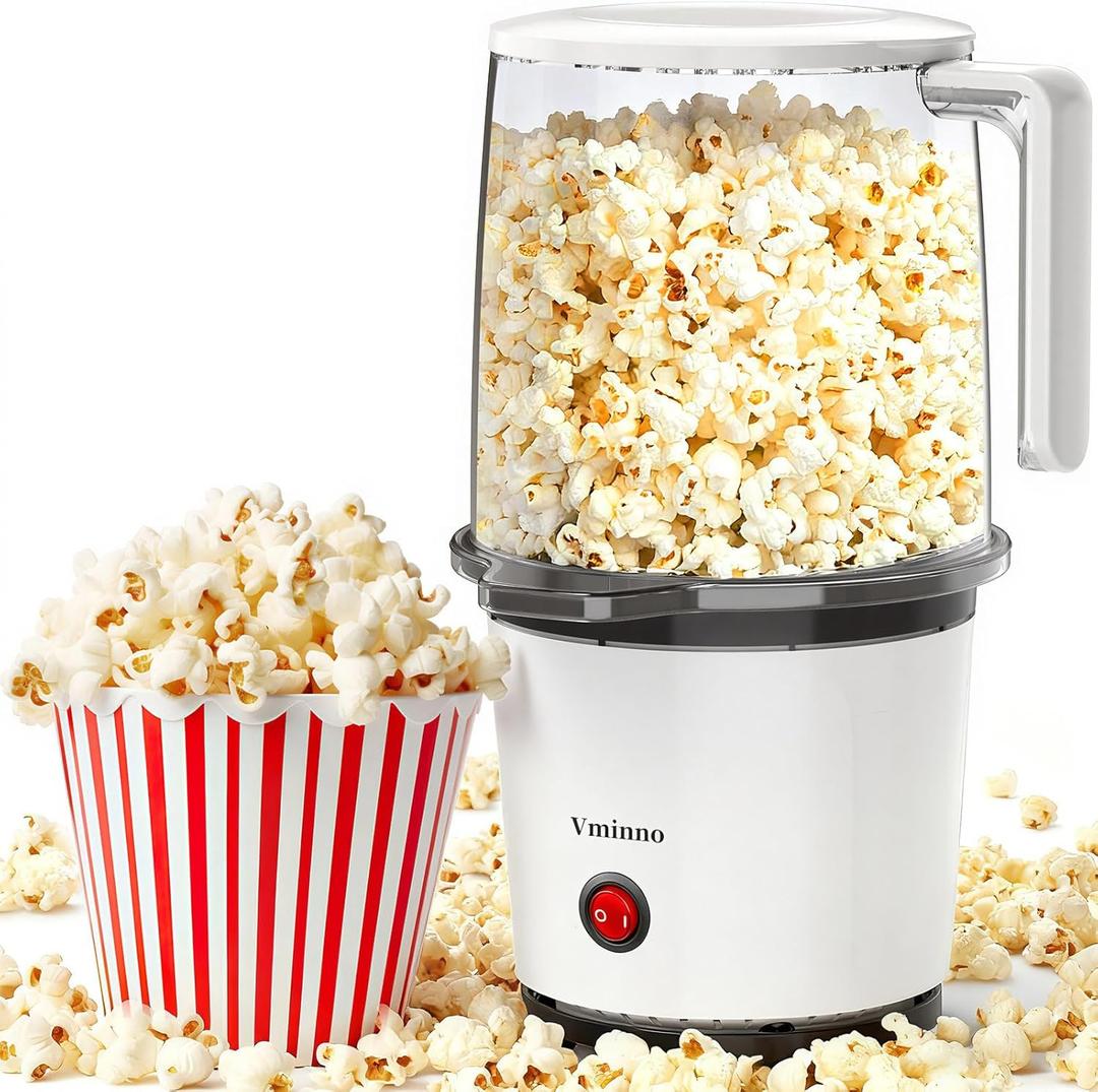 Vminno Quick & Easy Hot Air Popcorn Popper Maker with Built-In Serving Bowl, 2 Quarts, Etl Certified, No Oil Popcorn Poppers for Home with On/Off Switch for Family Movie Nights, Parties