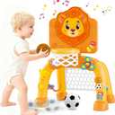 2 in 1 Basketball Hoop and Soccer Goal Set, Toddler Sports Toy for Indoor Outdoor Play, Perfect Christmas Birthday Gift for Baby Boys and Girls 1 2 3 Year OldLion Theme