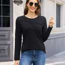 YUCOLEN Womens Long Sleeve Shirts：Pleated Crew Neck Fall Trendy Tops Lightweight Tshirt for Women Casual (Black XXL)