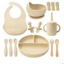 LITTLE RAWR Silicone Baby Feeding Set 14 Pcs,Baby Led Weaning Supplies, Baby Spoons Suction Bowl Divided Plate Bib Cup Finger Brush,First Stage Solid Food Eating Utensils  6+ Months(Beige)