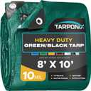 8' x 10' Dual-Sided Heavy-Duty Tarp  10 Mil Tear-Resistant Green & Black Cover with Reinforced Edges and Anti-Rust Grommets