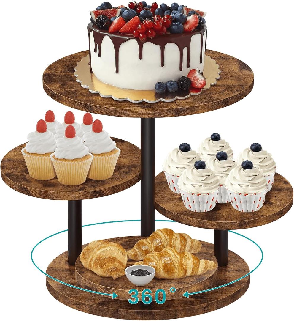 4 Tier Round Cupcake Tower Stand for 50 Cupcakes, 360° Rotating Wood Cake Stand with Tiered Trays, Farmhouse Cookie Stand for Dessert Table Display for Wedding Birthday Baby Shower Tea Party
