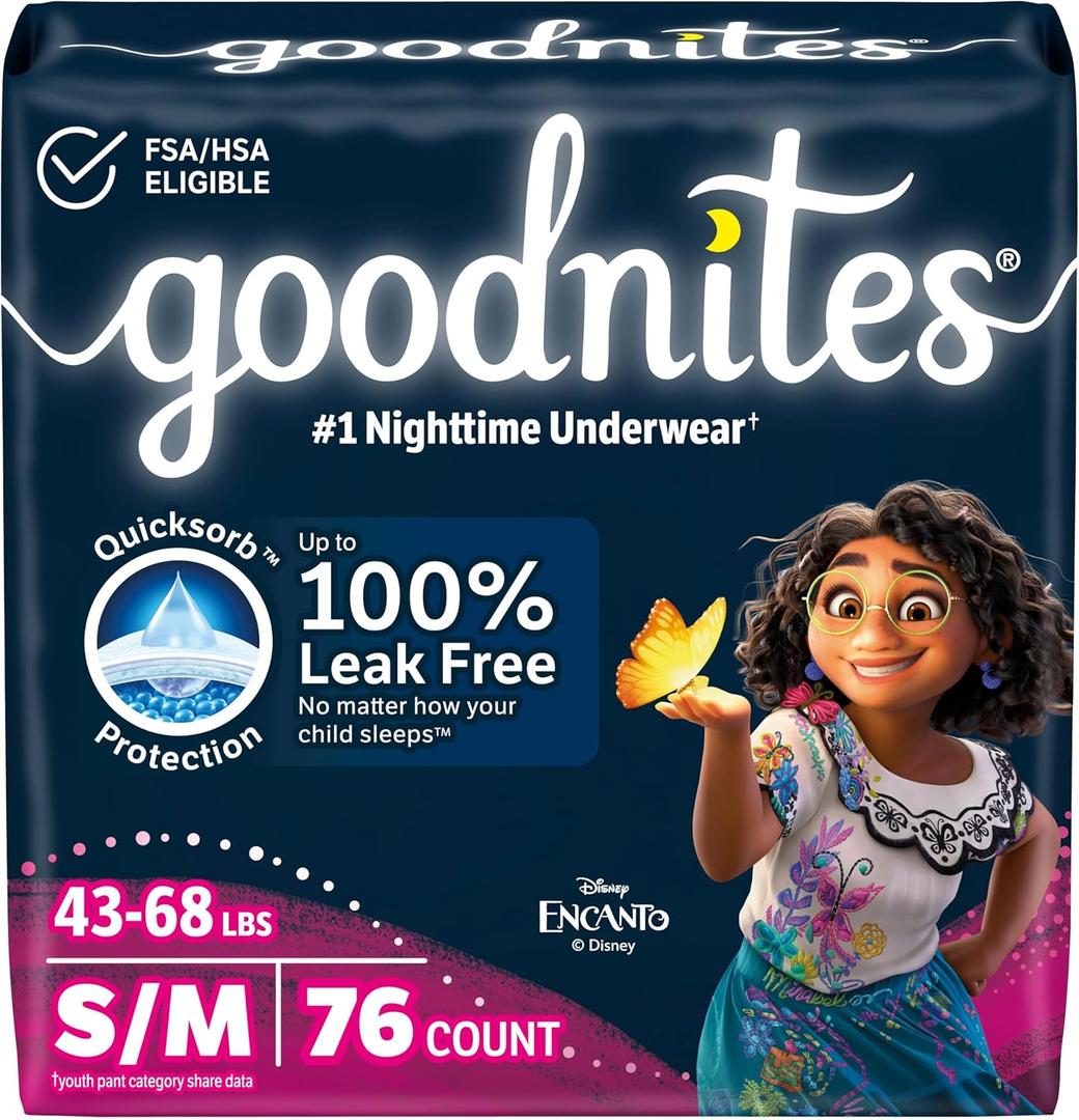 Goodnites Girls' Bedwetting Underwear, Size S/M (43-68 lbs), 76 Ct (2 Packs of 38), Packaging May Vary