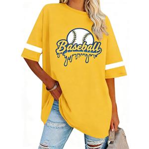 MNLYBABY Baseball Shirts for Women Oversized Baseball Sports Fan Shirt Game Day Casual Short Sleeve Tee Tops Yellow S