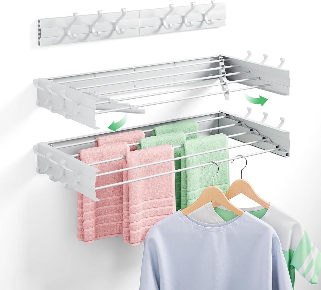 BAKON Wall-Mount-Clothes-Drying-Rack for Bathroom, Foldable-Drying-Rack-Clothing for Small Space, 31.5'' Laundry-Dry-Rack-Collapsible with 6 Hooks and 5 Poles for Living Room, Bedroom, White