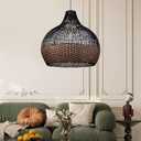Arturesthome 1 Light Rattan Pendant Light Fixtures,Wicker Boho Black Basket Chandelier, Large Natural Woven Ceiling Hanging Lamp for Kitchen Island Dining Room W 23.5"*22.7"