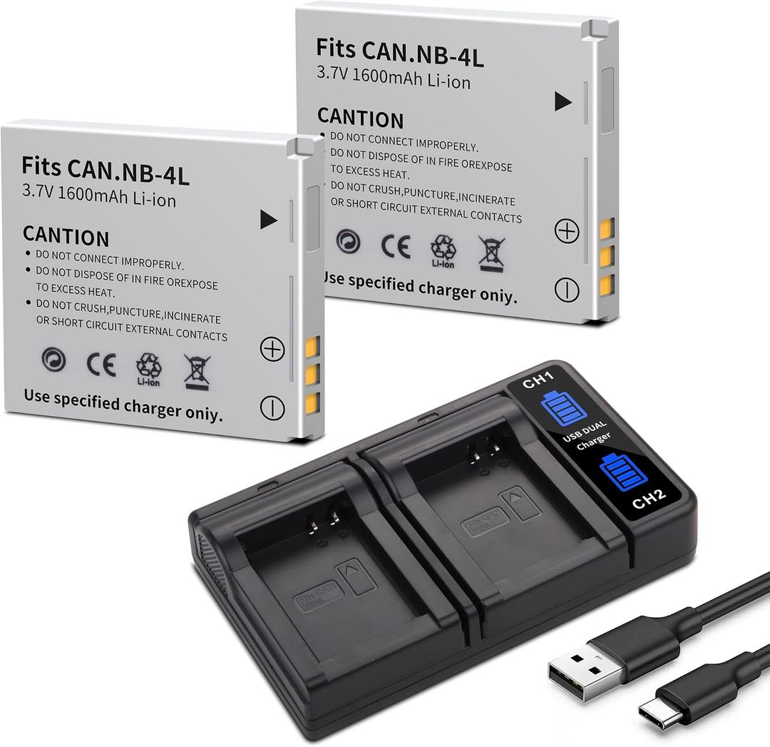 2Pack NB-4L NB4L Battery with Dual Fast Charger Compatible for Canon PowerShot ELPH 100 HS 300 HS 330 HS 310 HS SD1000 SD1100 is SD1400 is SD200 SD30 SD300 SD40 SD400 SD600 SD750 SD780 is SD940 is