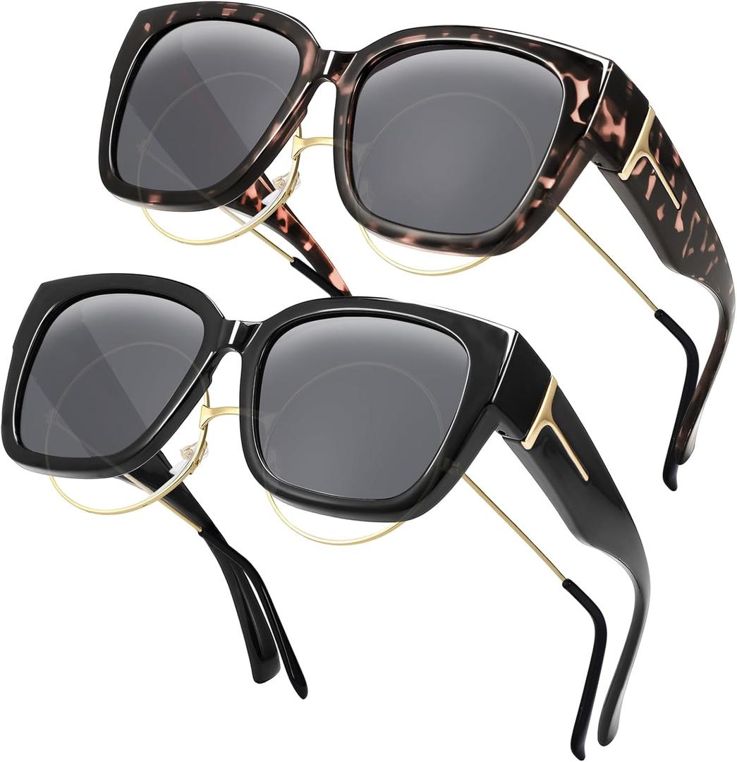 Polarized Fit Over Glasses Sunglasses for Women, 2 Pack Lightweight OTG Sunglasses UV400 Protection for Driving Outdoor