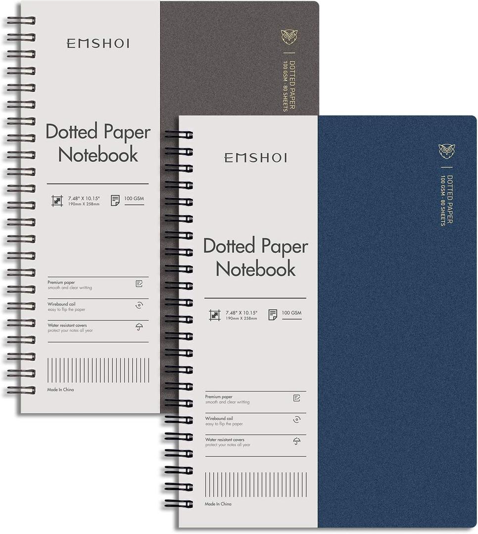 EMSHOI Dotted Journal Spiral Notebook 7.48" x 10.15" - 2 Pack 320 Pages 100gsm Thick Paper, B5 Dot Grid Notebook, Plastic Hardcover Journals for Writing Drawing (BrownBlue)