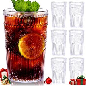 Ciaell 12 Pack Romantic Plastic Water Glasses - 14 Oz Clear Vintage Drinking Glasses, Embossed Ribbed Plastic Cups, Textured Striped Drinkware Set for Juice, Beverages, Beer, Cocktail