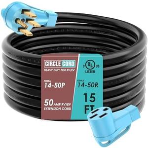 CircleCord UL Listed 50 Amp 15 Feet RV/EV Extension Cord, Heavy Duty 6/3+8/1 Gauge STW Wire, NEMA 14-50P/R Suit for Tesla Model 3/S/X/Y EV Charging and RV Trailer Campers